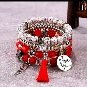 I Love You Charm Bracelet- Red Fringe BRACELETS- Boho Beaded Bracelets- NEW